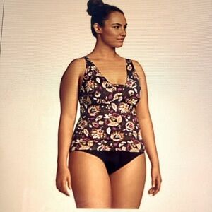 Lands End Tankini Grecian Swim top black purple floral cross front Size 10 DD